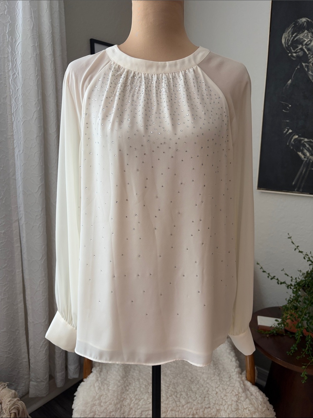Vince Camuto Cream Embellished Long-Sleeve Blouse size small